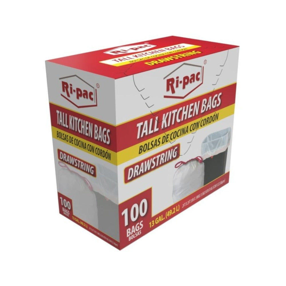 White Drawstring Trash Bags 13 Gallon 100 Count, Tall Kitchen Garbage Bags 0.9 Mil, 2 ft x 2 ft 3 in, Easy-Tie Drawstring Closure