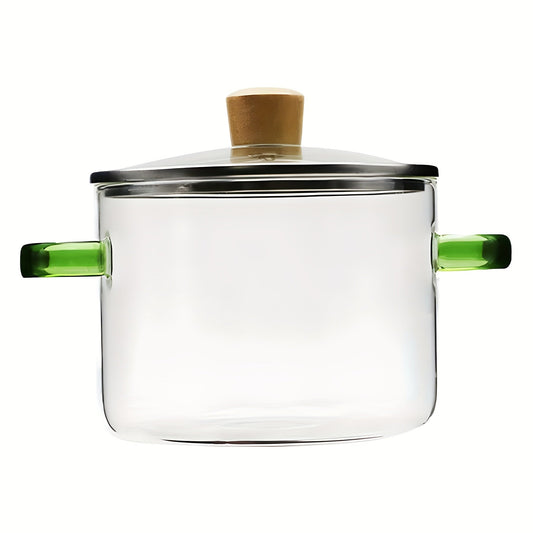 1.6L Transparent Glass Cooking Pot with Lid and Green or Yellow Side Handles for Soup, Noodles and Milk
