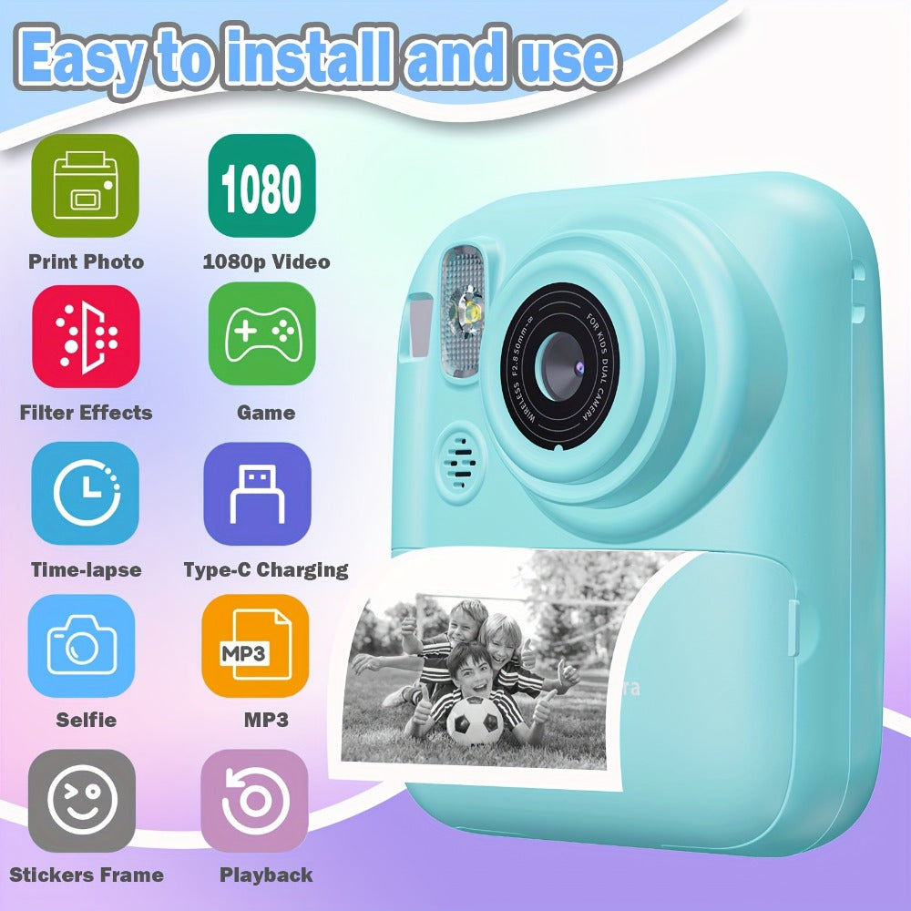 Instant Print Digital Camera for Kids Ages 3-12, 1080P, 2.4" Screen, 3 Rolls Print Paper & 32GB Card Included