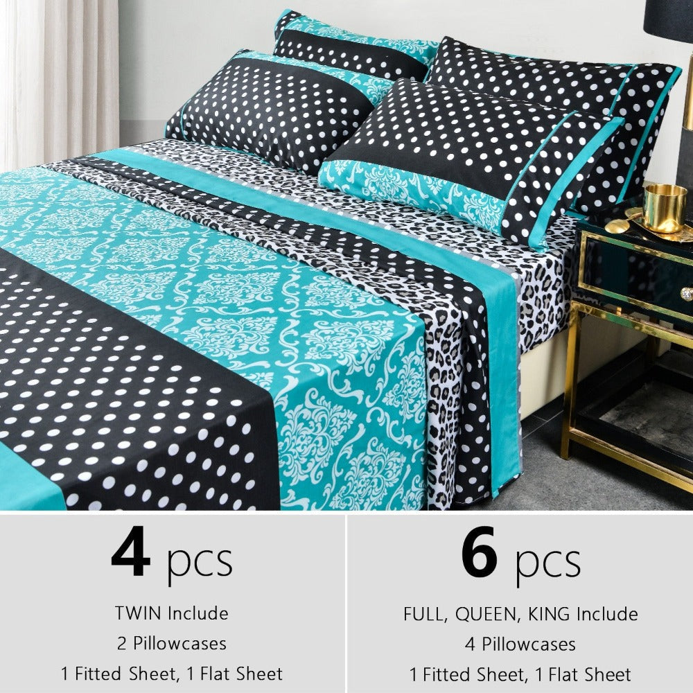 Bed Sheet Set Patchwork Microfiber in 4- or 6-Piece Configuration with 14-Inch Pocket and Three Colors