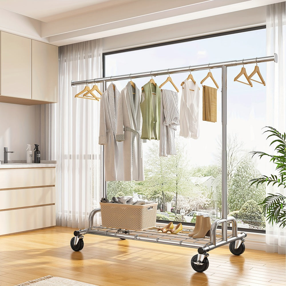 Heavy Duty Rolling Clothes Rack with Wheels – Adjustable Garment Rack 260LBS Capacity, Extendable 51"-75" Wide
