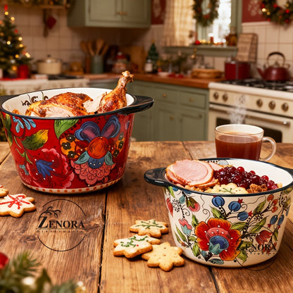 Giant Ceramic Extra-Deep Serving Bowl With Handles, 101oz, Bohemian Hand-Painted, Chip-Resistant