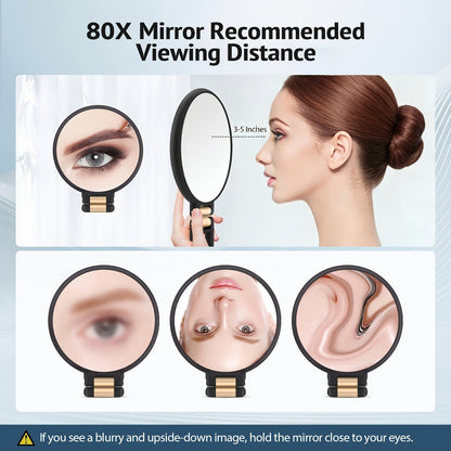 Magnifying Mirror 80X for Makeup & Skincare, Handheld 1X-80X Magnification Mirror with 360° Adjustable Handle