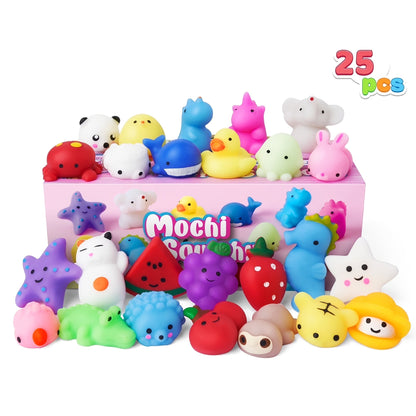 25-Piece Mini Mochi-Style Squishy Toy Set with Assorted Animal and Fruit Shapes from 1 to 1.38 Inches