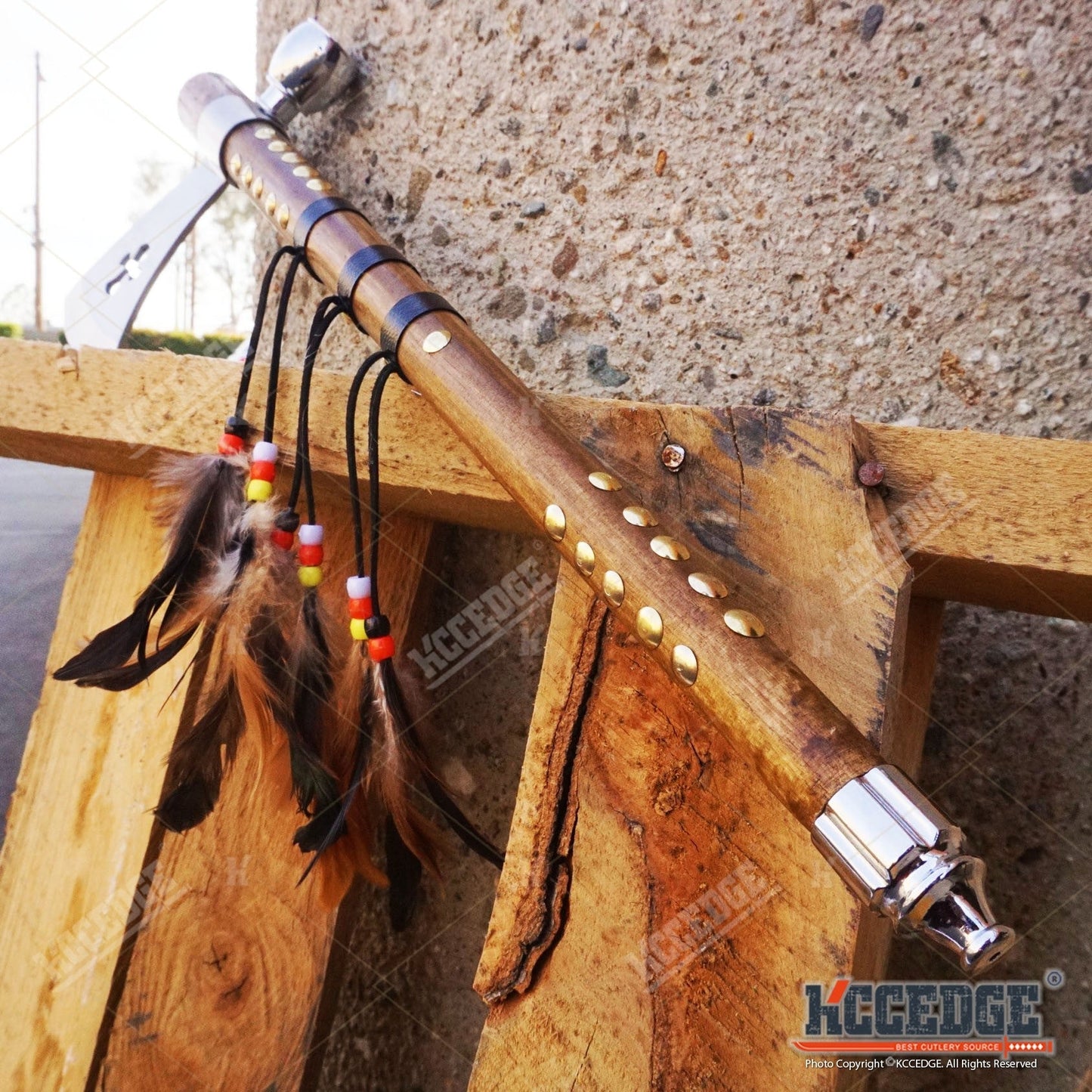 Native American Tomahawk Hatchet Replica 19in, Decorative Peace Pipe Axe with Wooden Handle, Feather & Brass Accents