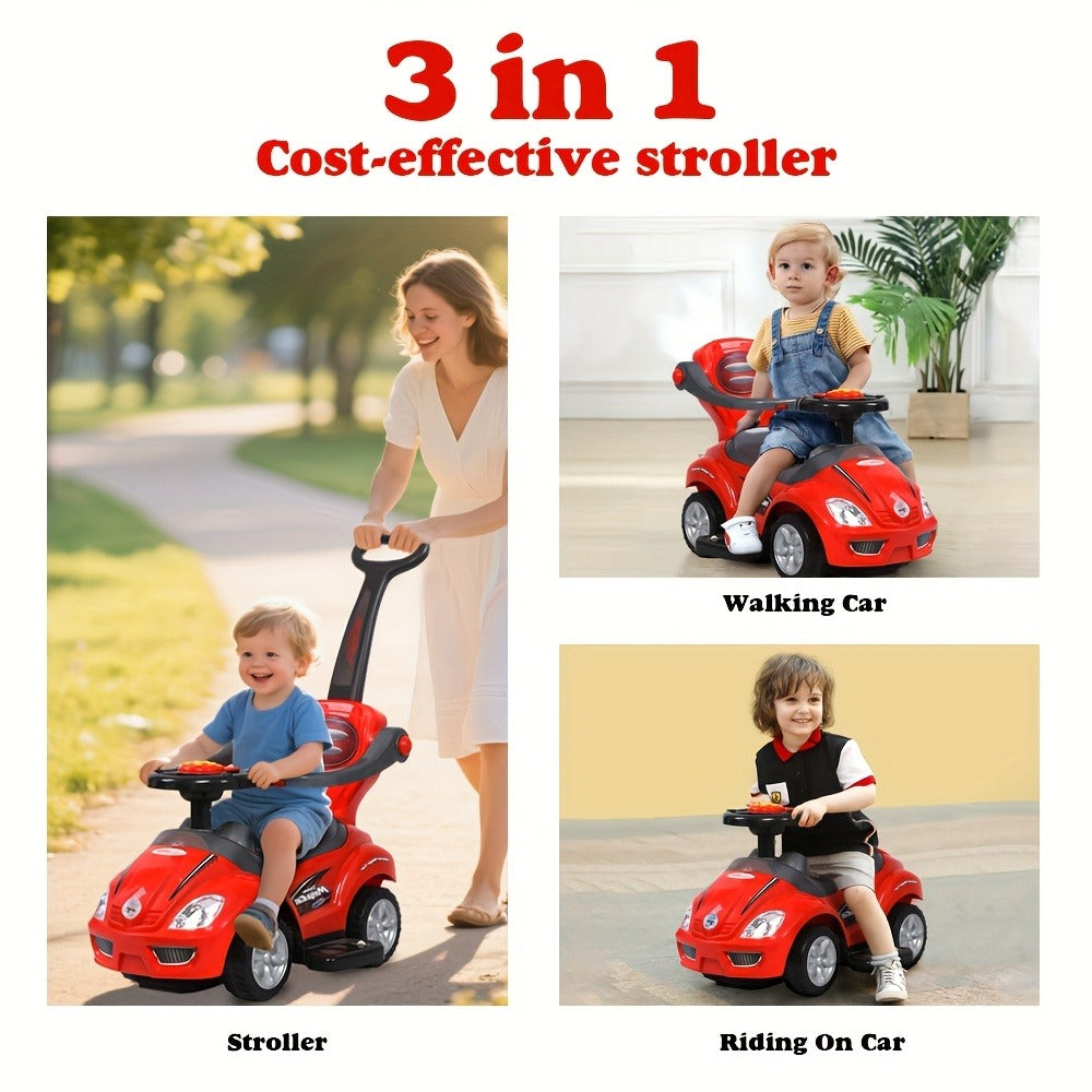 3-in-1 Toddler Push Ride & Walker Car, Baby Ride-On Toy with Guardrail, Music & Under-Seat Storage for Ages 18-36 Months