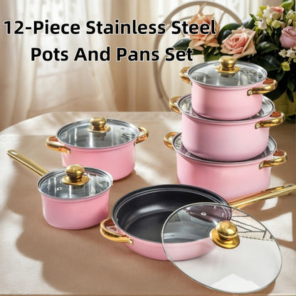 Cookware Set, 10-, 12- or 15-Piece Stainless Steel Deep Pots with Glass Lids, Double Handles and Three Finishes
