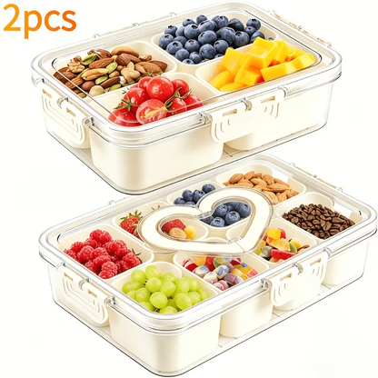 Storage Containers with Lids, Snack Tray Two-Pack with Four or Eight Removable Compartments and Snap Lids