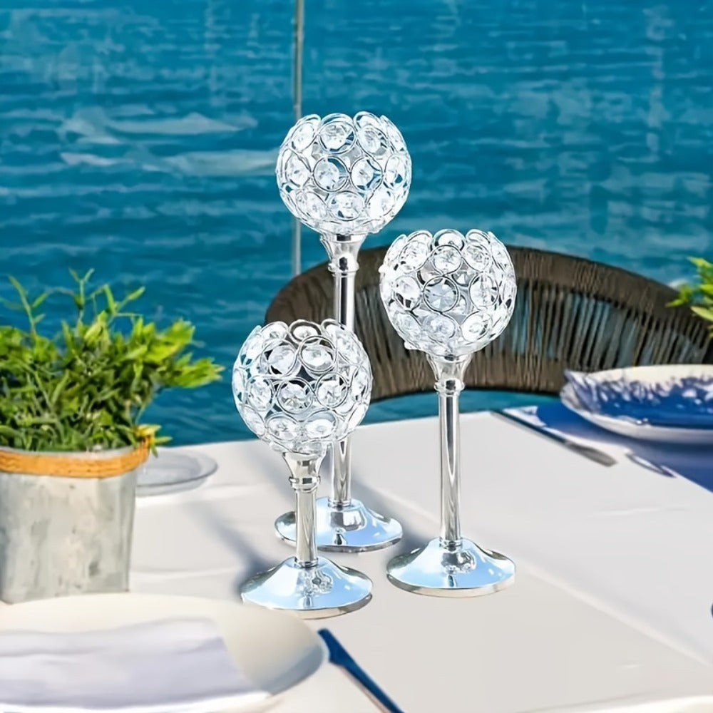 Crystal Candle Holders Set of 3 - Windproof Glass Taper Candle Holder for Wedding Table Centerpiece