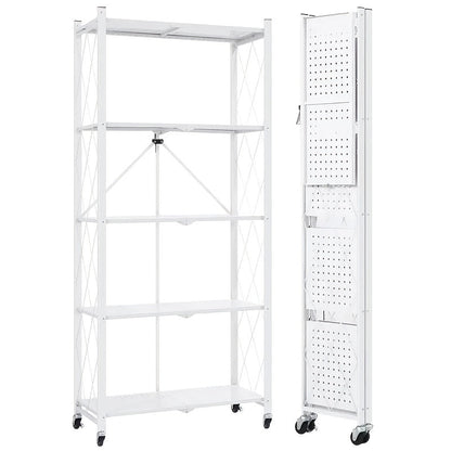 Storage Rack 3-5 Tier Foldable Shelving Unit with Wheels – Portable Multi-Layer Floor Standing Utility Shelf Organizer for Bedroom Closet