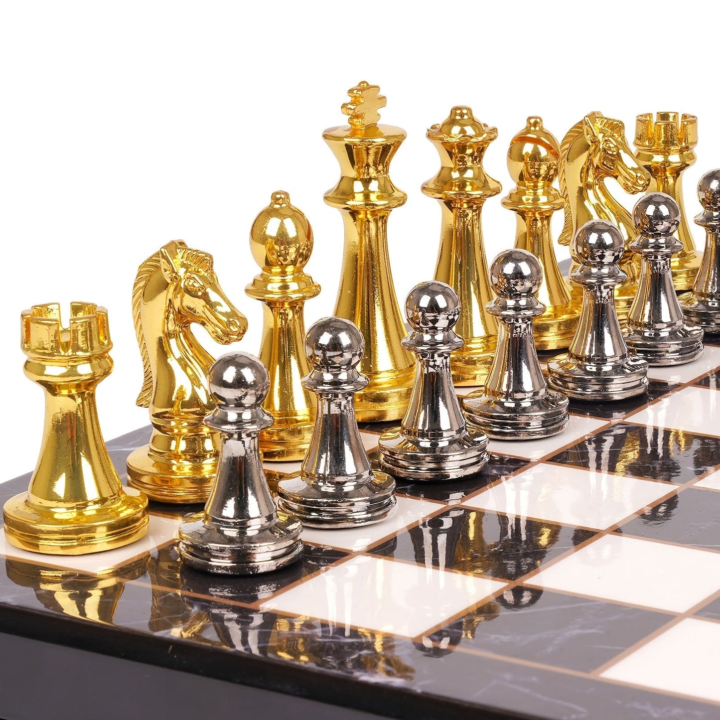 Luxury Metal Chess Set with Marble Board – Zinc Alloy Gunmetal & Gold Pieces Extra Queens 11.5" Elegant Chessboard Gift for Adults Beginners