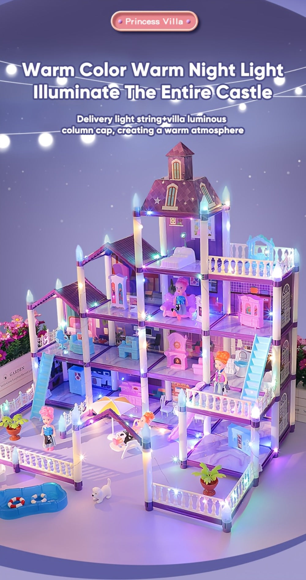 LED Dollhouse Playset for Girls, Purple Multi-Room Playhouse with Doll Figures, Puppies, Furniture & LED Lighting