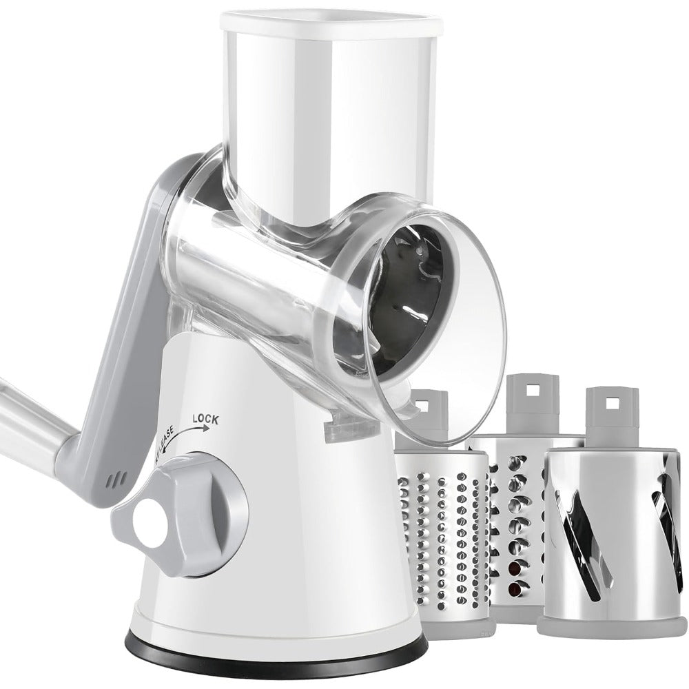 Rotary Cheese Grater, Stainless Steel Hand Crank Shredder with 3 Interchangeable Blades, Suction Base & Cleaning Brush