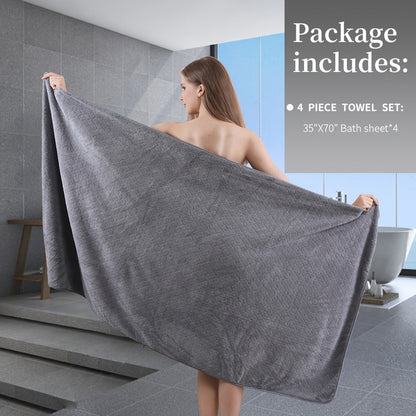 Bath Towels Set 4 Piece Diamond-Pattern Microfiber Towels in 10 Solid Color Options for Home and Guest Use