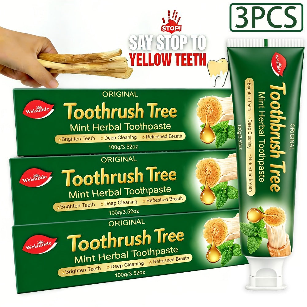 Three-Pack 100g Mint Toothpaste with Flip-Cap Tubes, Cartons and Toothbrush Tree Label Design