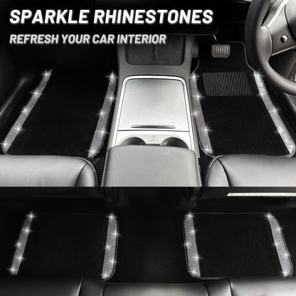 Rhinestone-Border Car Floor Mats, Four-Piece Black Carpet Set with Seven Accent Color Options