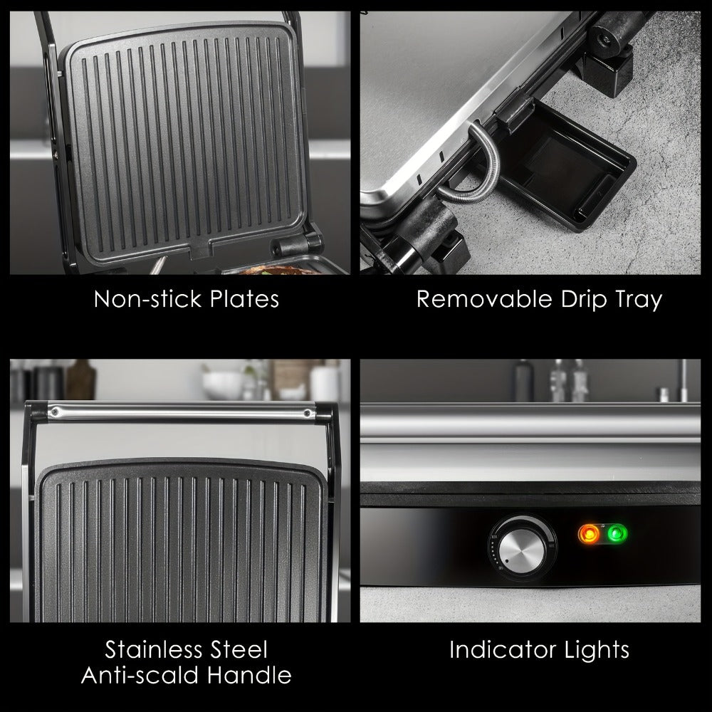Panini Press Sandwich Maker 1200W, 4-Slice Non-Stick Grill with 180° Opening Adjustable Temperature 120-428°F & Removable Drip Tray