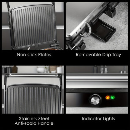 Panini Press Sandwich Maker 1200W, 4-Slice Non-Stick Grill with 180° Opening Adjustable Temperature 120-428°F & Removable Drip Tray