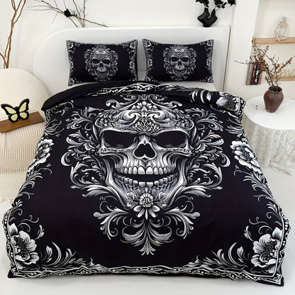 Skull Duvet Cover Set 3pcs – Gothic Victorian Baroque Black & White Skull Bedding with 2 Pillowcases, Digital Print Halloween Bedroom Decor