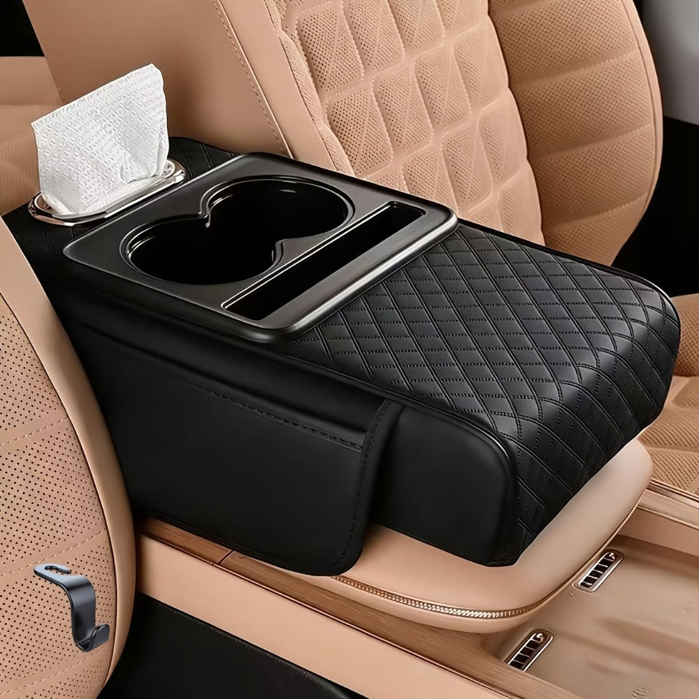 Center Console Armrest Organizer with Two Cup Holders, Tissue Slot, Side Pockets and Eight Color or Trim Options