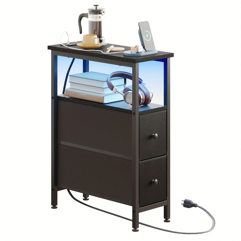 Nightstand Slim One or Two Fabric Drawers with Charging Station, LED Light and Single or Two-Pack Choice