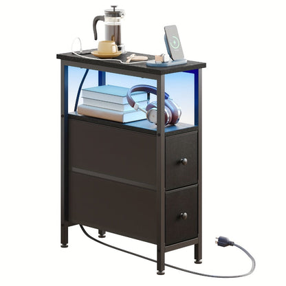 Nightstand Slim One or Two Fabric Drawers with Charging Station, LED Light and Single or Two-Pack Choice