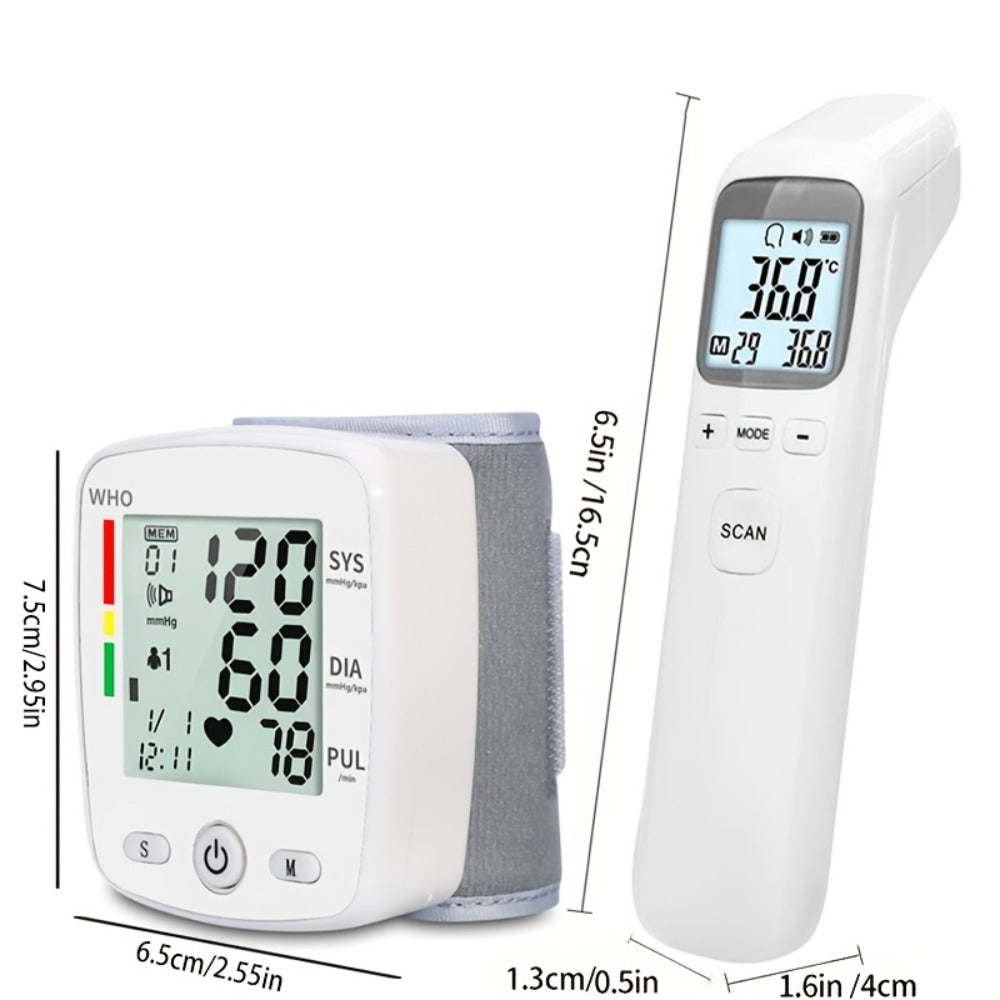 Blood Pressure Monitor Wrist & Forehead Thermometer 2-in-1 Set, Rechargeable with 2x99 Memory, Large LCD