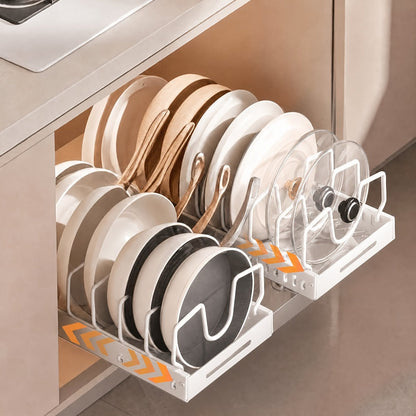 Pull-Out Pot and Pan Lid Rack Cabinet Sliding Storage Organizer – Kitchen Cabinet Slide-Out Box with 8/16 Adjustable Dividers for Lids