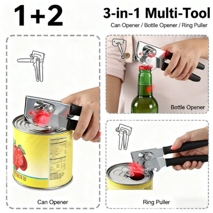 Can Opener 3-in-1 Stainless Steel Manual Can Opener with Smooth Edge Bottle Opener Handle for Home Cooking, Dining and Outdoor Meals