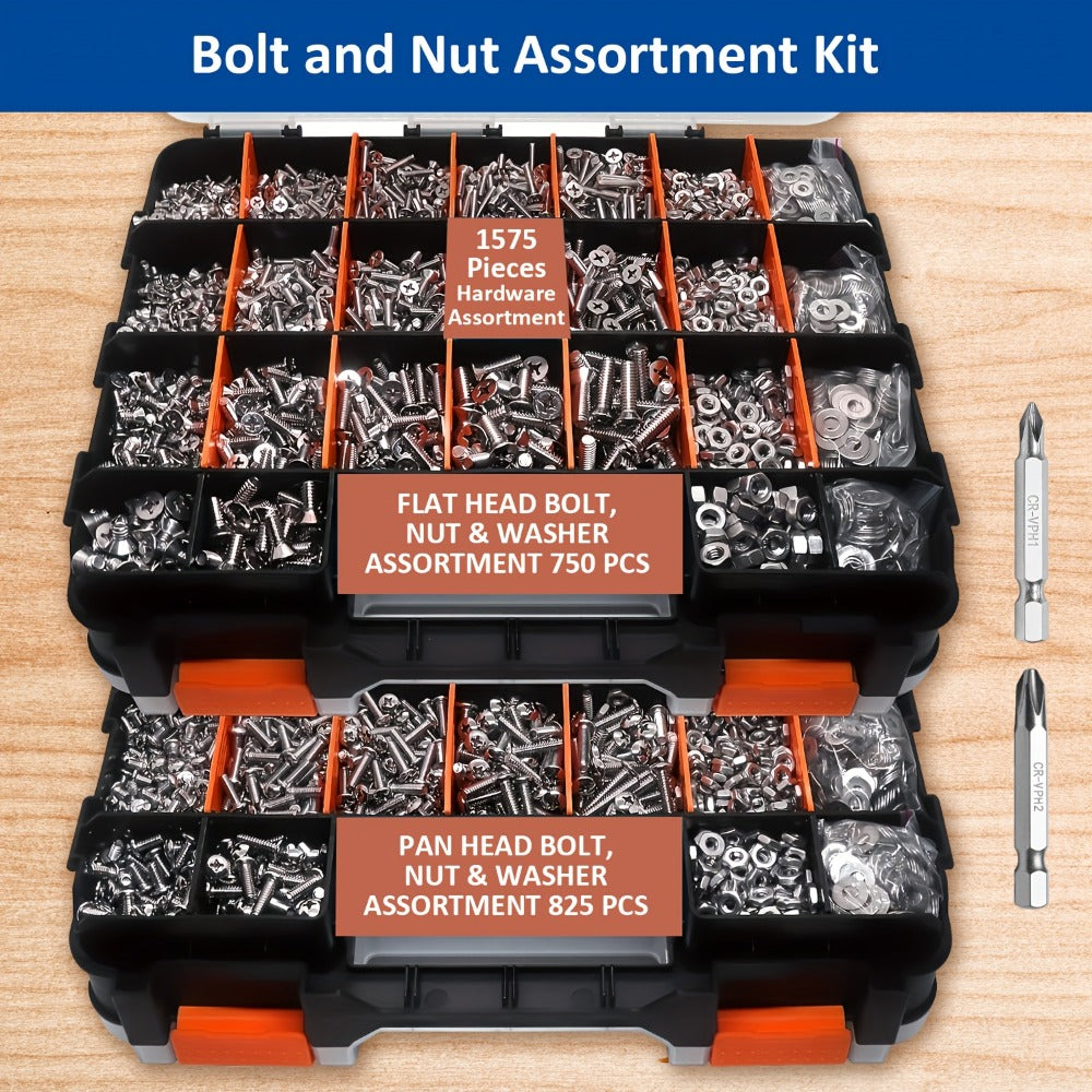1575pcs 304 Stainless Steel Nuts and Bolts Assortment Kit for Entryways, Bedrooms and Living Spaces