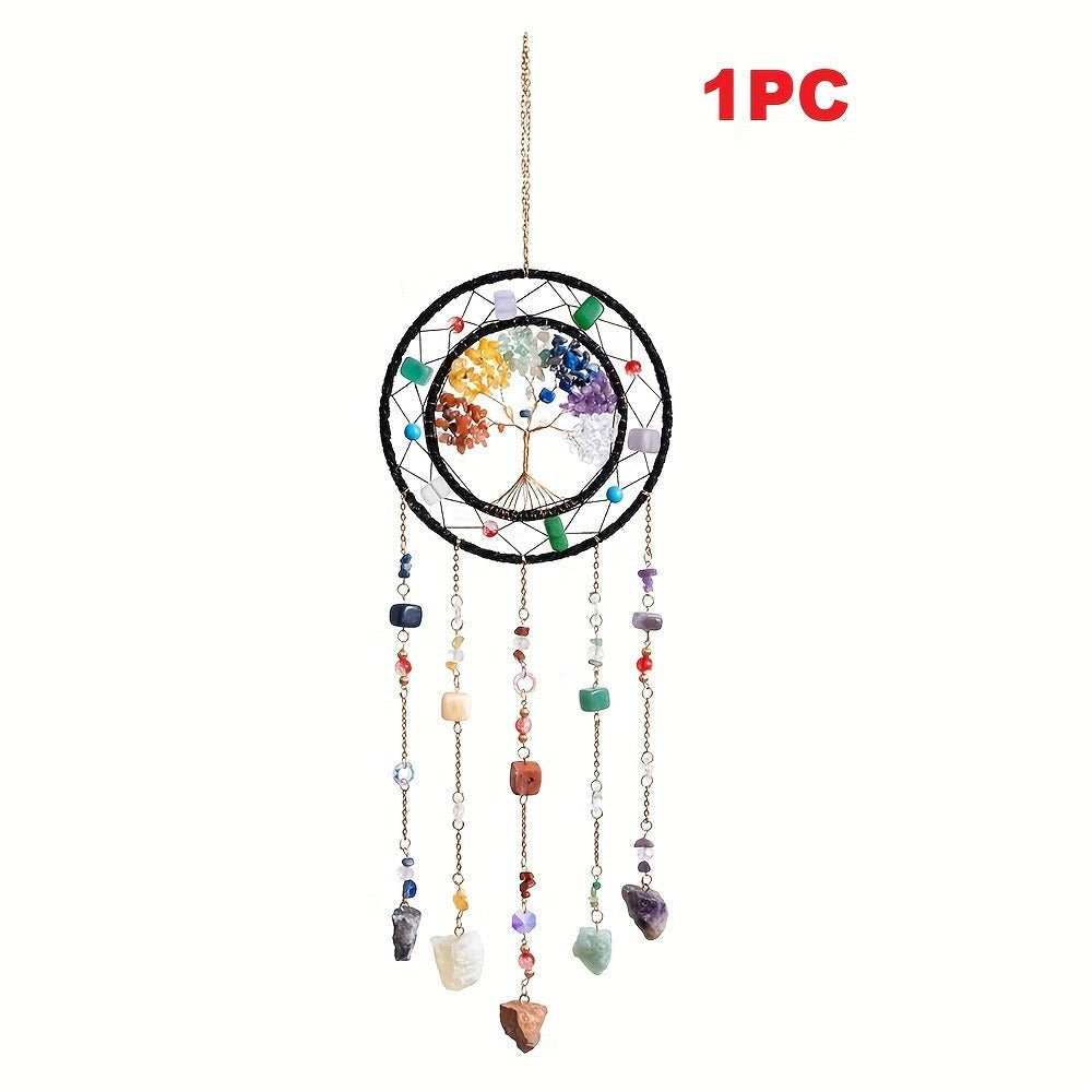 Crystal Wind Chime Suncatcher with Life Tree Pendant - Handmade Bohemian Shattered Stone for Entryways, Bedrooms and Living Spaces