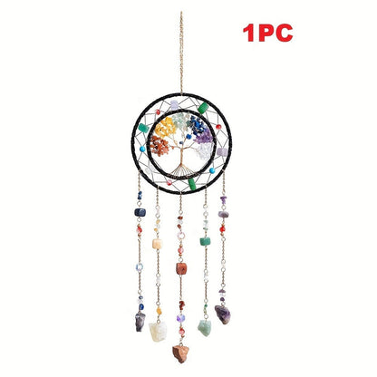 Crystal Wind Chime Suncatcher with Life Tree Pendant - Handmade Bohemian Shattered Stone for Entryways, Bedrooms and Living Spaces