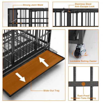 Heavy Duty Escape-Proof Dog Crate with Wheels & Removable Tray – Double Door Indoor Kennel for Large & XL Dogs | 42IN & 48IN