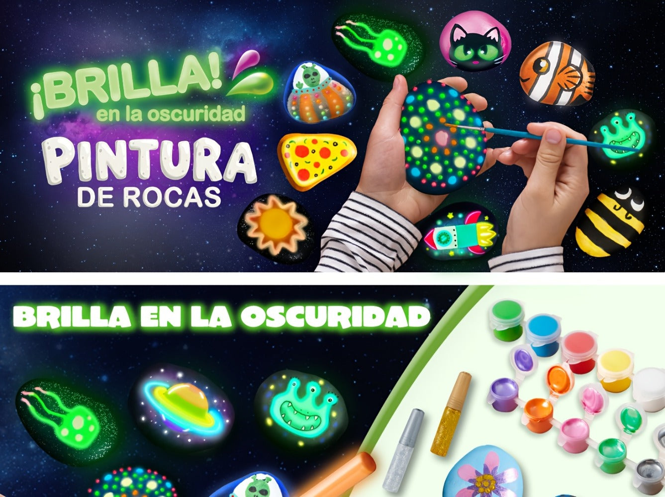 Glow Rock Painting Craft Kit with 10 Rocks, Paints, Brushes, Gems and Stickers in One- or Two-Pack Options