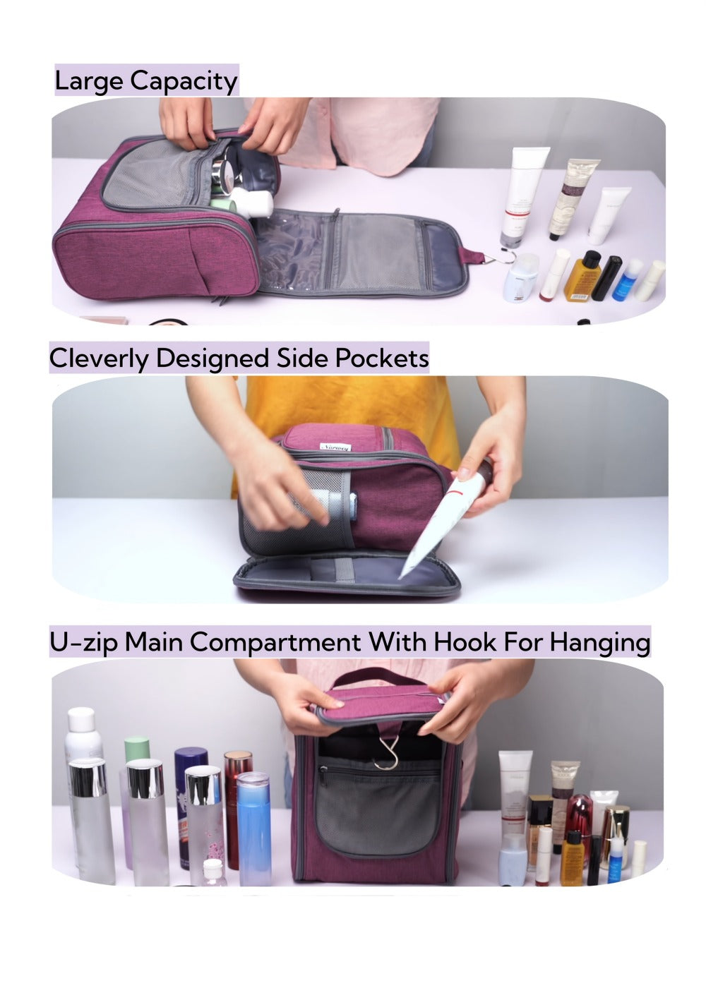 Toiletry Bag Hanging Large-Capacity Makeup Organizer with Hook, Multiple Compartments and 16 Print Options