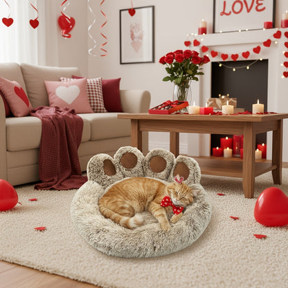 Dog Bed Cat Bed Bear Paw Shaped Donut – Calming Round Plush Pet Mattress, Warm & Soft Cuddler Bed for Dogs and Cats, Includes Pet Scarf