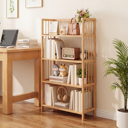 Bamboo Bookshelf Narrow 4 Tier Adjustable Shelves Wooden Bookcase Storage Shelf Organizer for Entryways, Bedrooms and Living Spaces