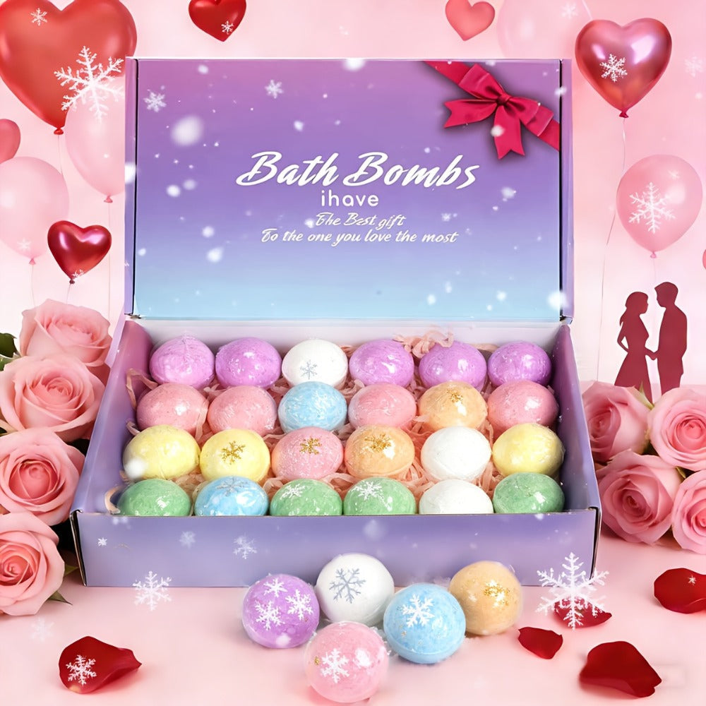 Bath Bombs, 24-Piece Assorted Color Gift Box with Eight Labeled Fragrances and Round Mini Fizzers