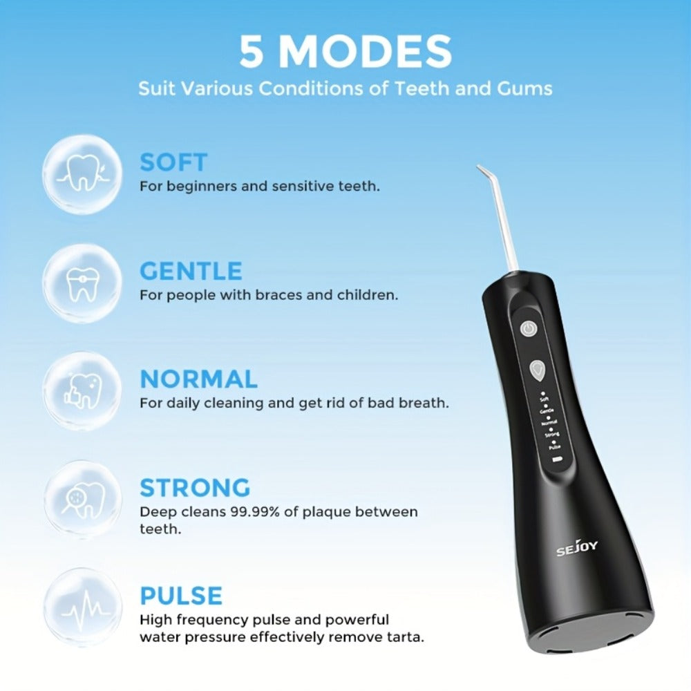 Water Flosser SEJOY Cordless Oral Irrigator with 300ml Tank, Five Modes, Five Nozzles, 1800mAh Battery and USB Charging