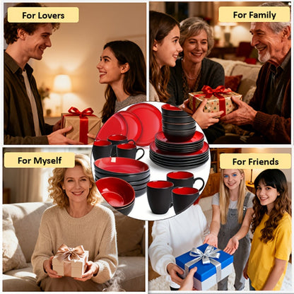 Dinnerware Set Options for Four with Round Plates, Bowls and Cups in Black, Red, Blue, Green or Floral Designs