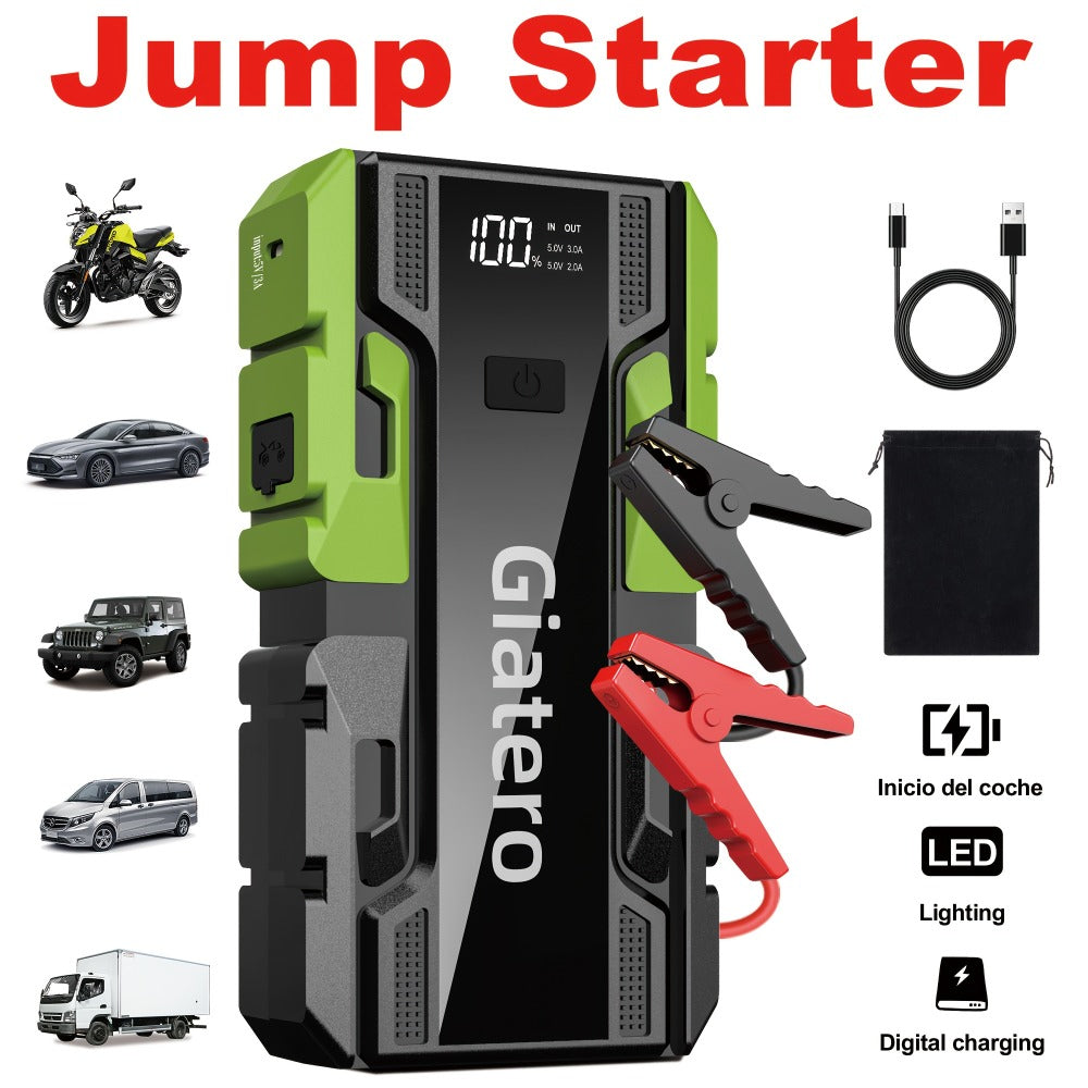 Giatero 10000A Car Jump Starter with 12V Battery Clamps, Digital Display, LED Light and Integrated Air Compressor