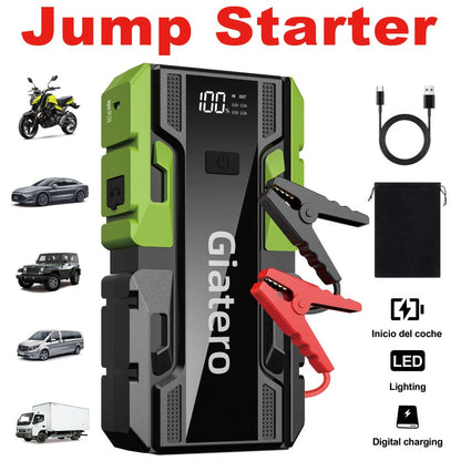 Giatero 10000A Car Jump Starter with 12V Battery Clamps, Digital Display, LED Light and Integrated Air Compressor
