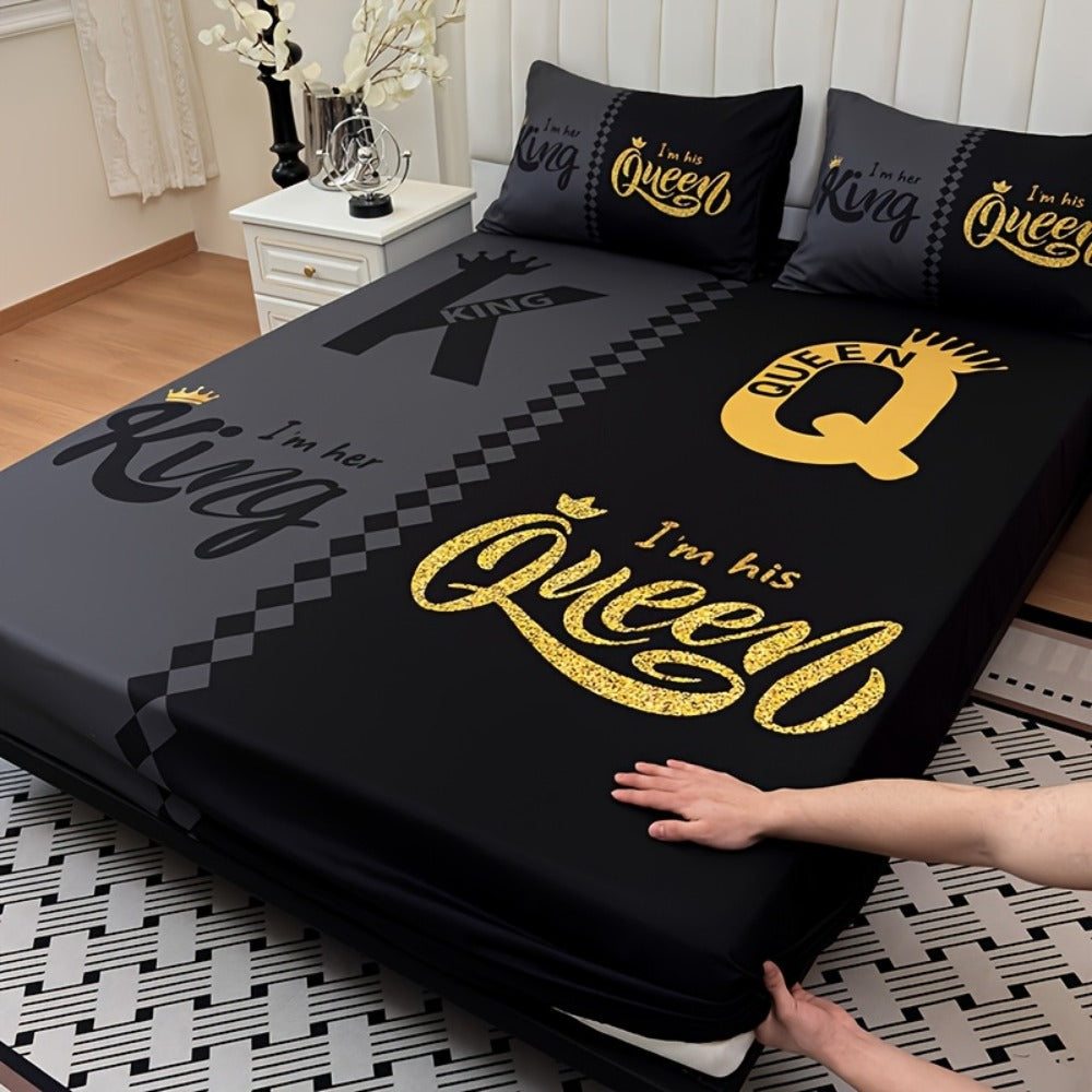 Bed Sheet Set 3 Piece Super Soft Microfiber Fitted Sheet with Pillowcases – Deep Pocket 15 Inch Crown Letter Print Color Block Bedding Twin