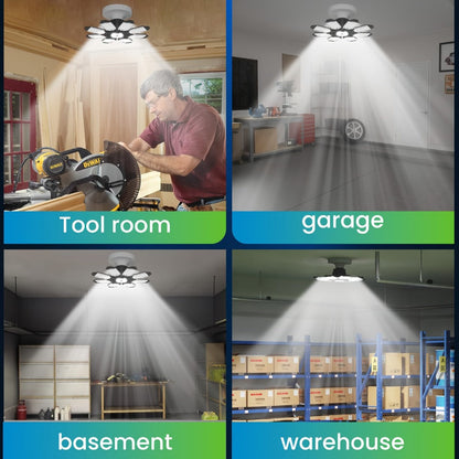 LED Garage Lights 25000LM Deformable, 250W Equivalent E26/E27 Screw-In Ceiling Shop Light with 6+1 / 8+1 Adjustable Panels for Garage