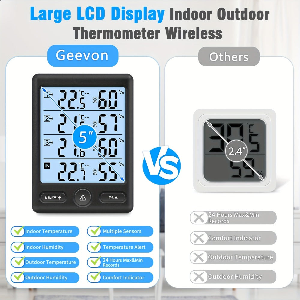 Indoor Outdoor Thermometer Wireless with 3 Remote Sensors - Digital Hygrometer Temperature Humidity Monitor