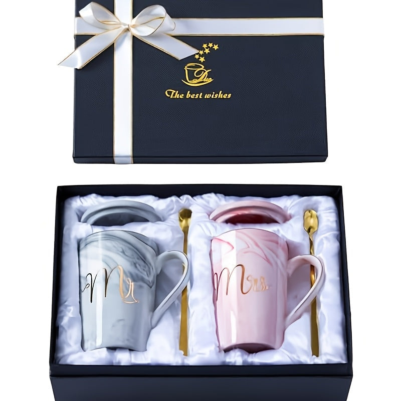 Mr and Mrs Mugs Wedding Gift Set 14oz Ceramic Marble – Bride and Groom Couples Mugs | Bridal Shower Engagement Anniversary Gift | Reusable