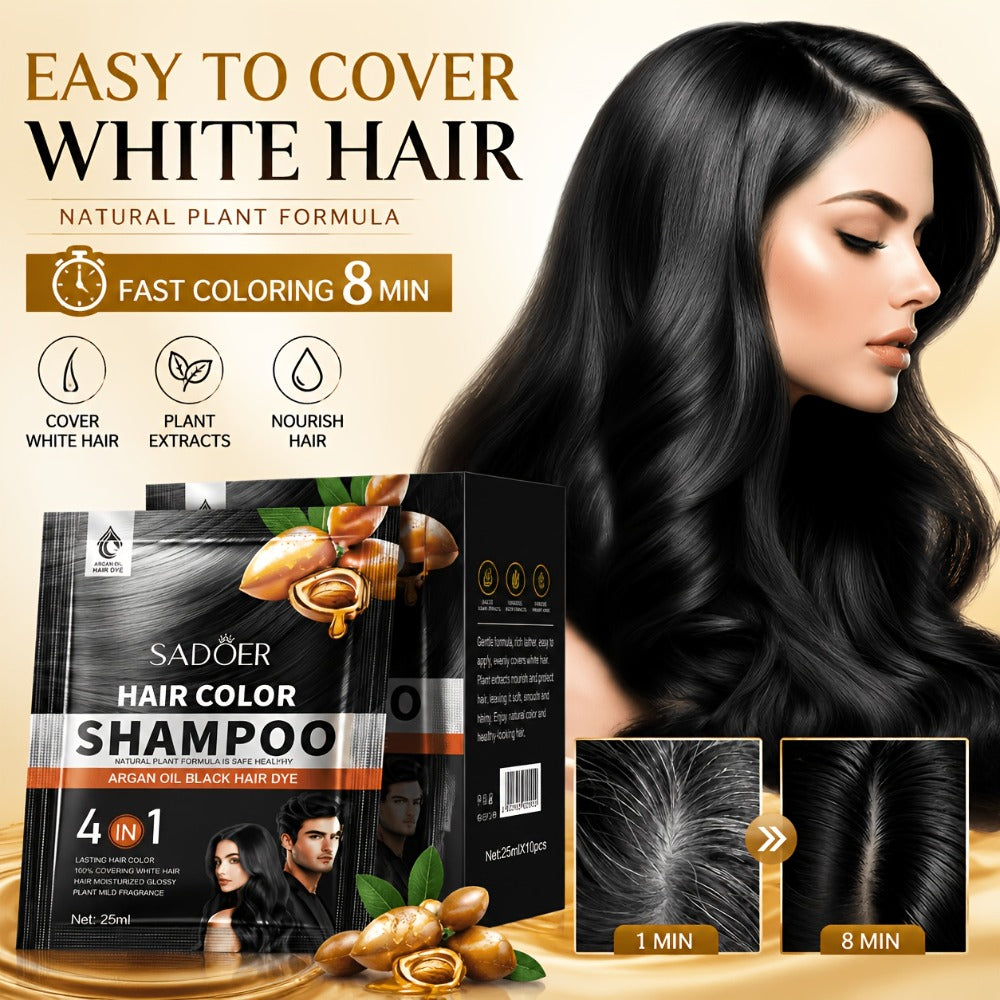 3-in-1 Hair Color Shampoo 10-Pack Single-Use Sachets Natural Dye Deep Cleansing Gel for Bath Time, Home Spa and Personal Care