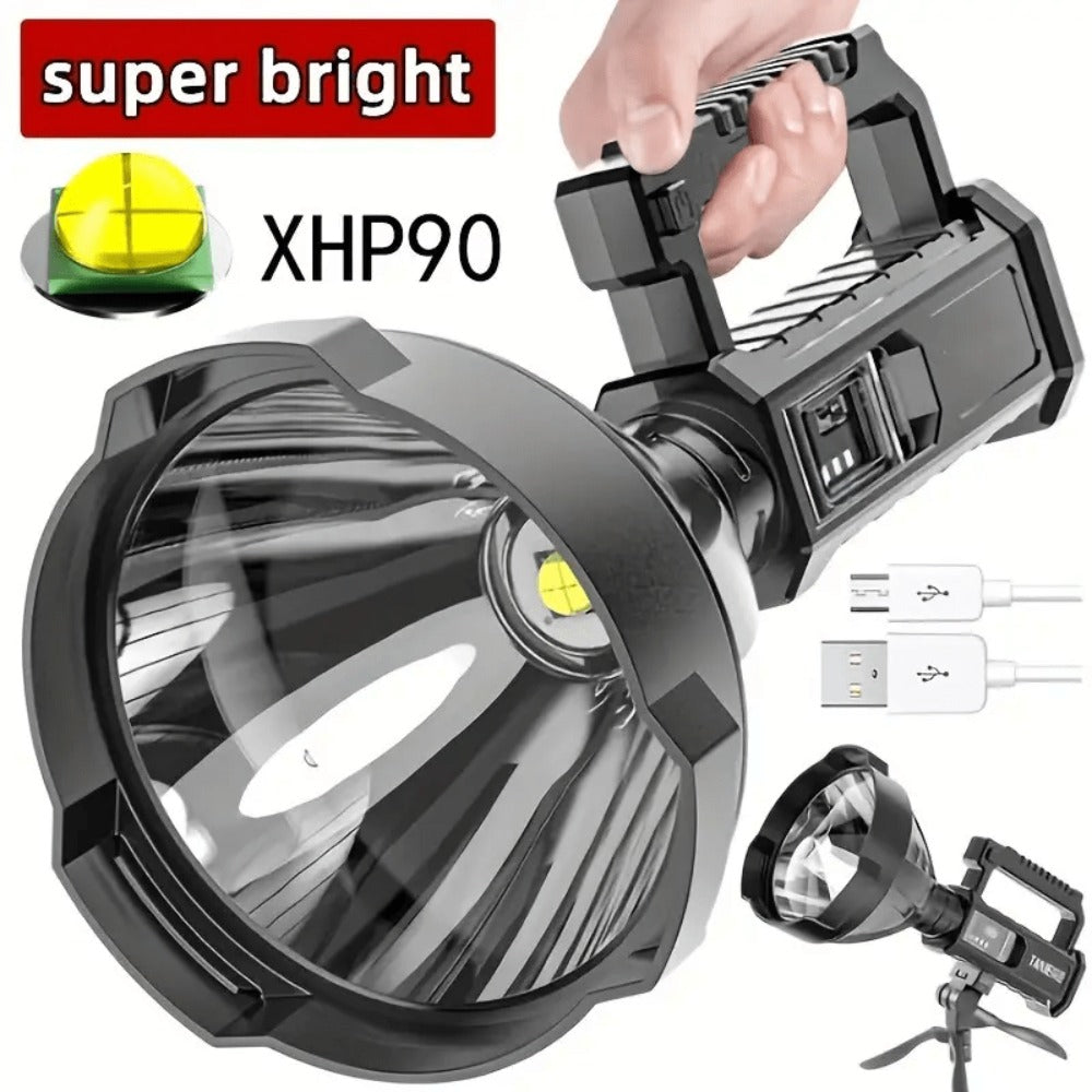 XHP90 High Power LED Flashlight USB Rechargeable Powerful Spotlight Searchlight, 4 Modes for Camping, Travel and Outdoor Use