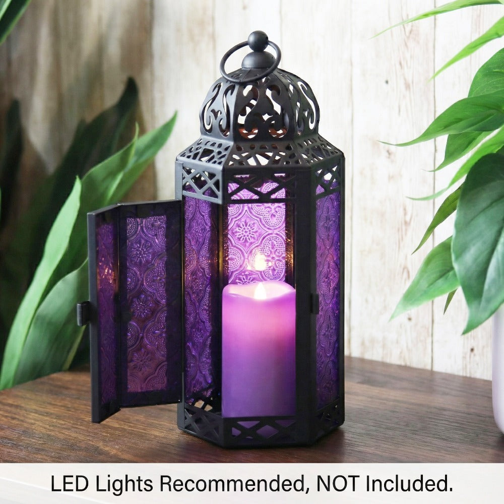 Moroccan Candle Lantern Holder - Decorative Metal & Glass Lantern with Embossed Floral Design for Indoor Home Decor