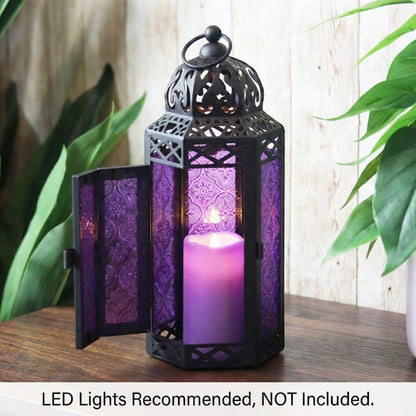 Moroccan Candle Lantern Holder - Decorative Metal & Glass Lantern with Embossed Floral Design for Indoor Home Decor